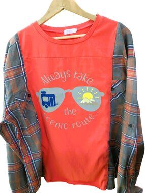Upcycled Pullover Shirt, Reworked Scenic Route Graphic Tee, Camping Travel M-L